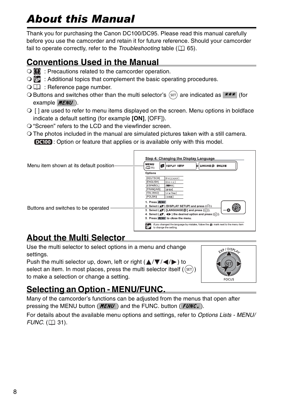 About this manual, Conventions used in the manual, About the multi selector | Selecting an option - menu/func | Canon DC 100 User Manual | Page 8 / 80
