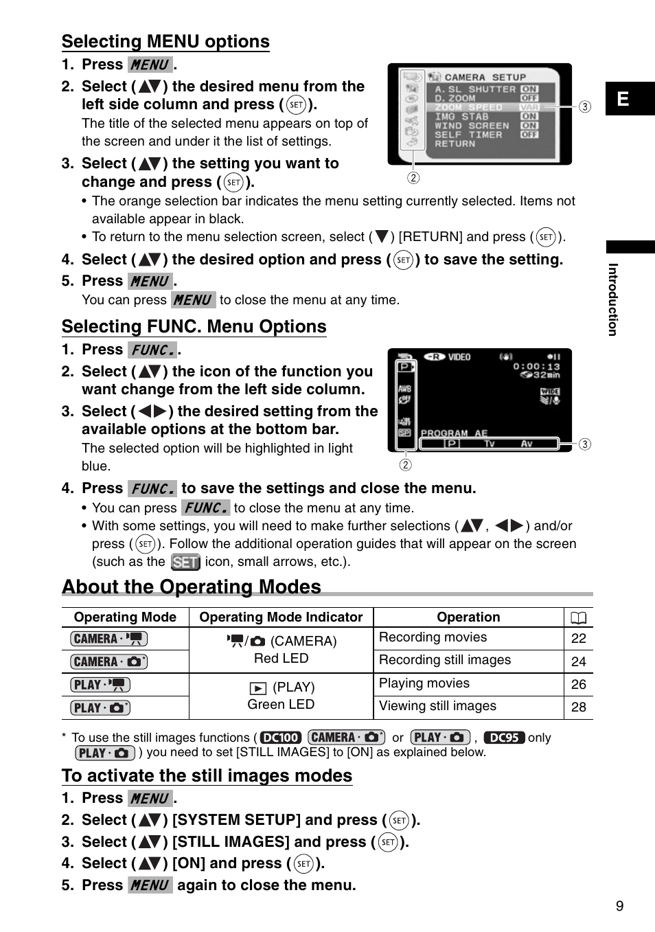About the operating modes, Selecting menu options, Selecting func. menu options | Canon DC 100 User Manual | Page 9 / 80