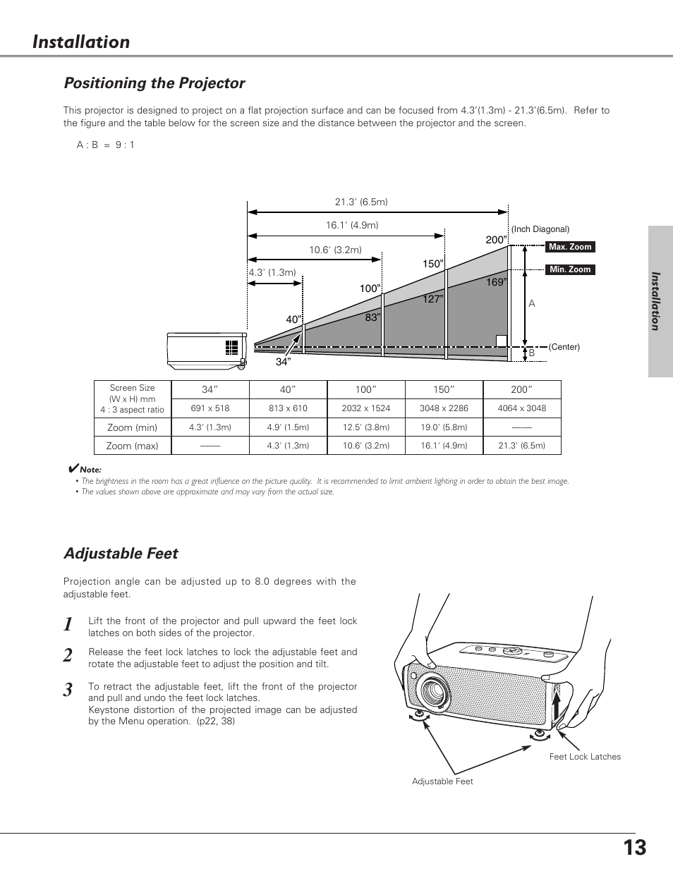 Installation, Positioning the projector, Adjustable feet | Canon LV-S4 User Manual | Page 13 / 60