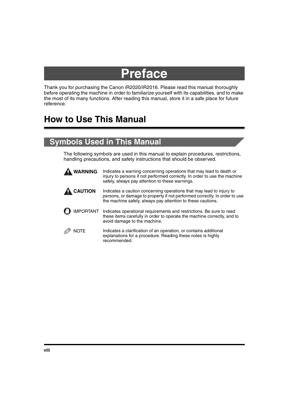 Preface, How to use this manual, Symbols used in this manual | Canon iR 2016 User Manual | Page 10 / 92