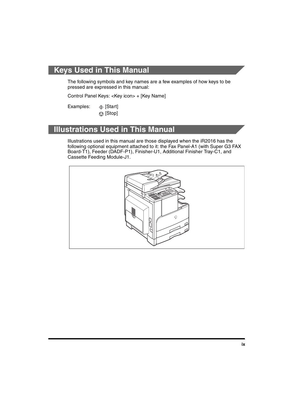 Keys used in this manual, Illustrations used in this manual | Canon iR 2016 User Manual | Page 11 / 92