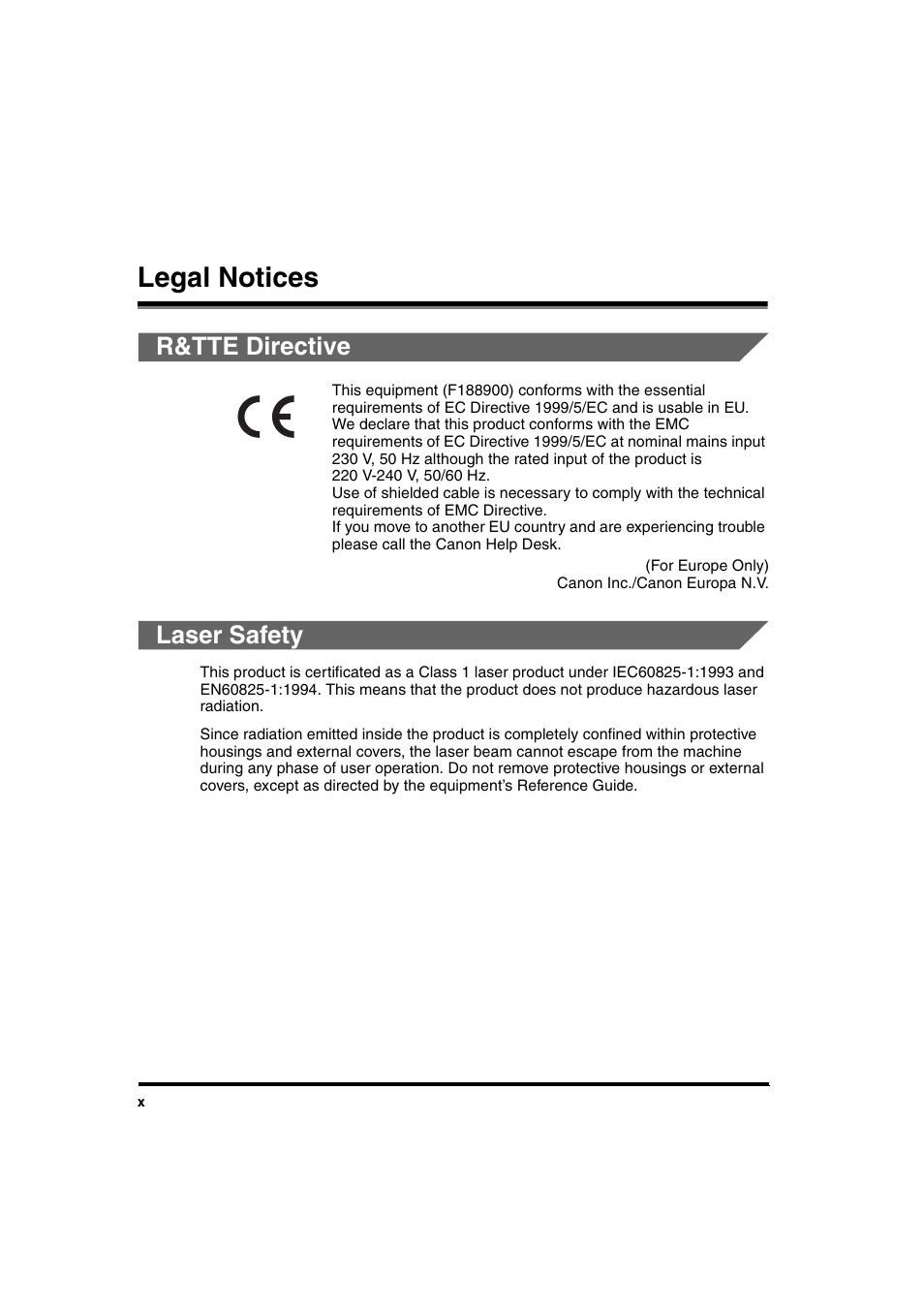 Legal notices, R&tte directive, Laser safety | R&tte directive laser safety | Canon iR 2016 User Manual | Page 12 / 92