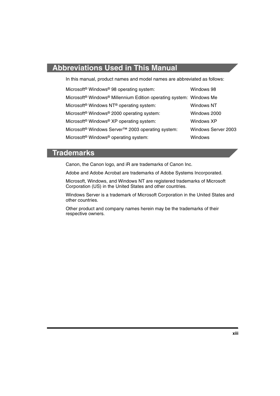 Abbreviations used in this manual, Trademarks | Canon iR 2016 User Manual | Page 15 / 92