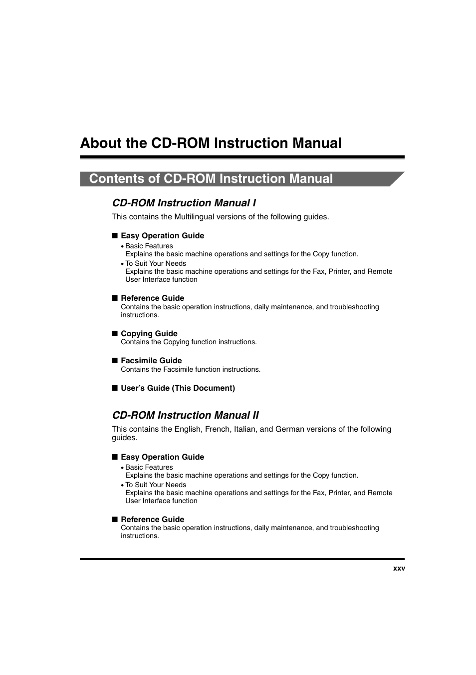 About the cd-rom instruction manual, Contents of cd-rom instruction manual, Cd-rom instruction manual i | Cd-rom instruction manual ii | Canon iR 2016 User Manual | Page 27 / 92