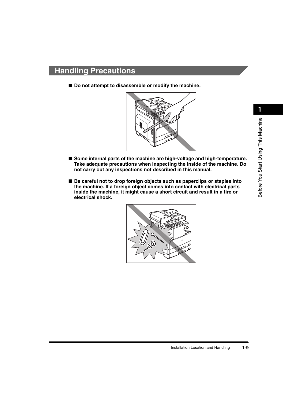 Handling precautions, Handling precautions -9 | Canon iR 2016 User Manual | Page 39 / 92