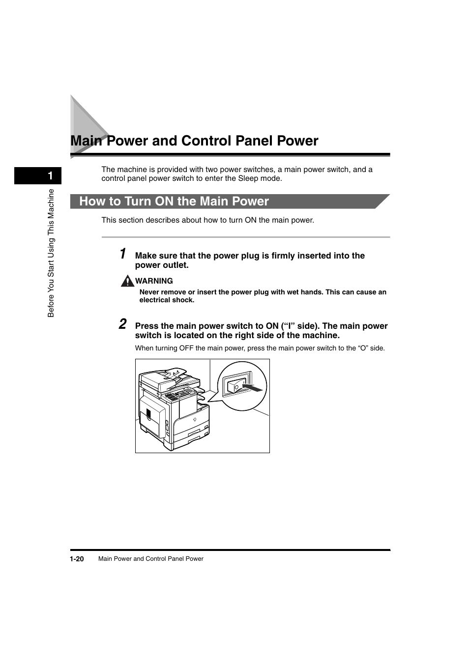 Main power and control panel power, How to turn on the main power, Main power and control panel power -20 | How to turn on the main power -20 | Canon iR 2016 User Manual | Page 50 / 92