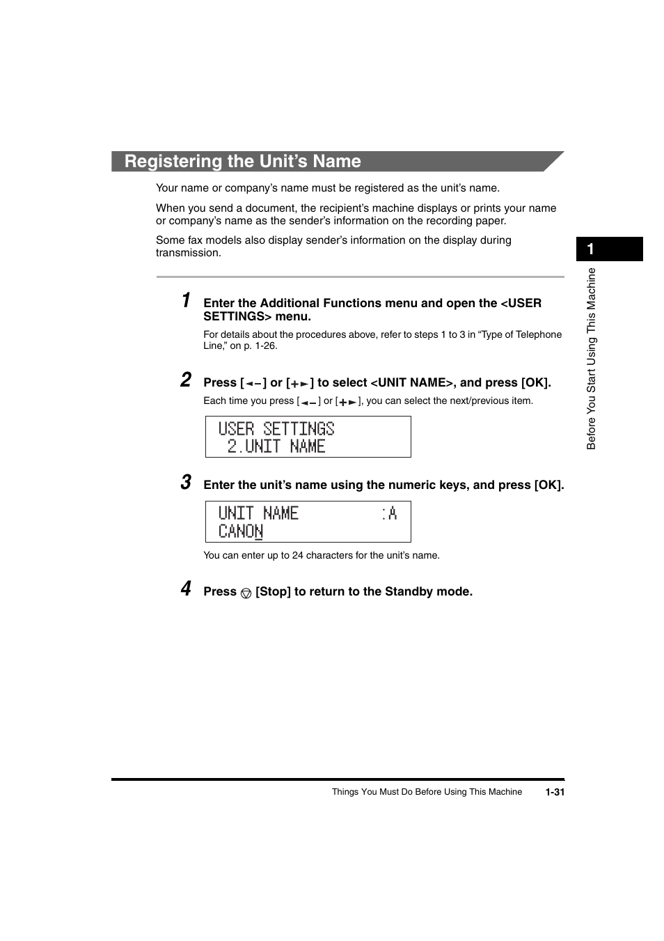 Registering the unit’s name, Registering the unit’s name -31, User settings 2.unit name unit name :a canon | Canon iR 2016 User Manual | Page 61 / 92