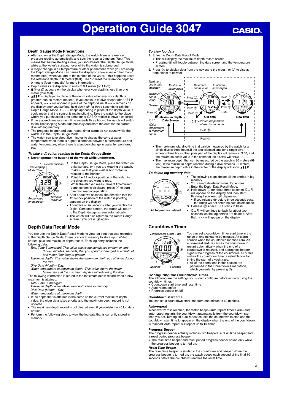 Depth data recall mode, Countdown timer, Operation guide 3047 | Casio Модуль 3047 User Manual | Page 6 / 13