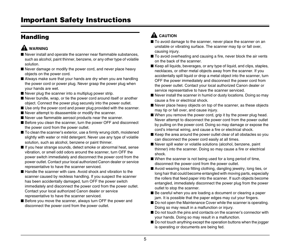 Important safety instructions, Handling | Canon CR-190I User Manual | Page 7 / 19