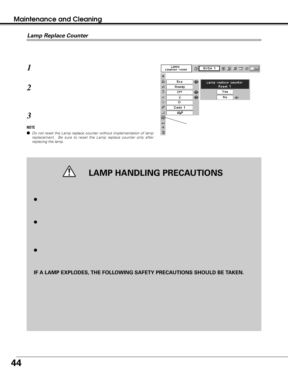 Lamp handling precautions, Maintenance and cleaning | Canon LV-7215 User Manual | Page 44 / 56