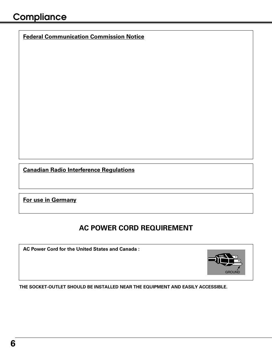 6compliance, Ac power cord requirement | Canon LV-7215 User Manual | Page 6 / 56