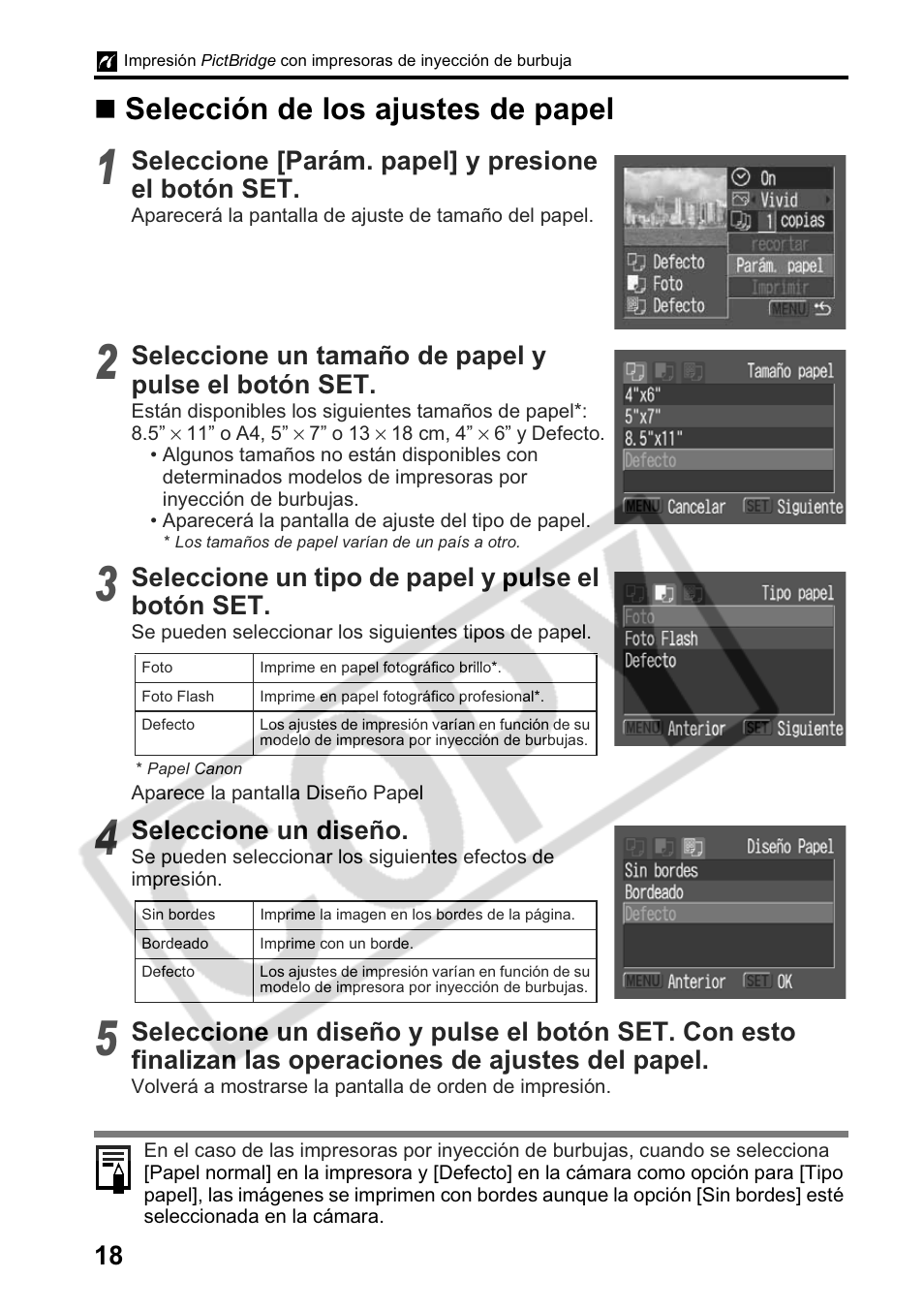 Selección de los ajustes de papel, Seleccione [parám. papel] y presione el botón set, Seleccione un tamaño de papel y pulse el botón set | Seleccione un tipo de papel y pulse el botón set, Seleccione un diseño | Canon Printing Using a Direct Camera/Printer Connection Guide Direct Print User Manual | Page 68 / 76