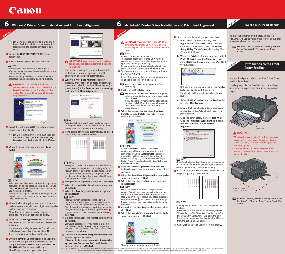 Windows, Macintosh, For the best print result | Introduction to the front paper feeding | Canon 9500 Series User Manual | Page 2 / 2