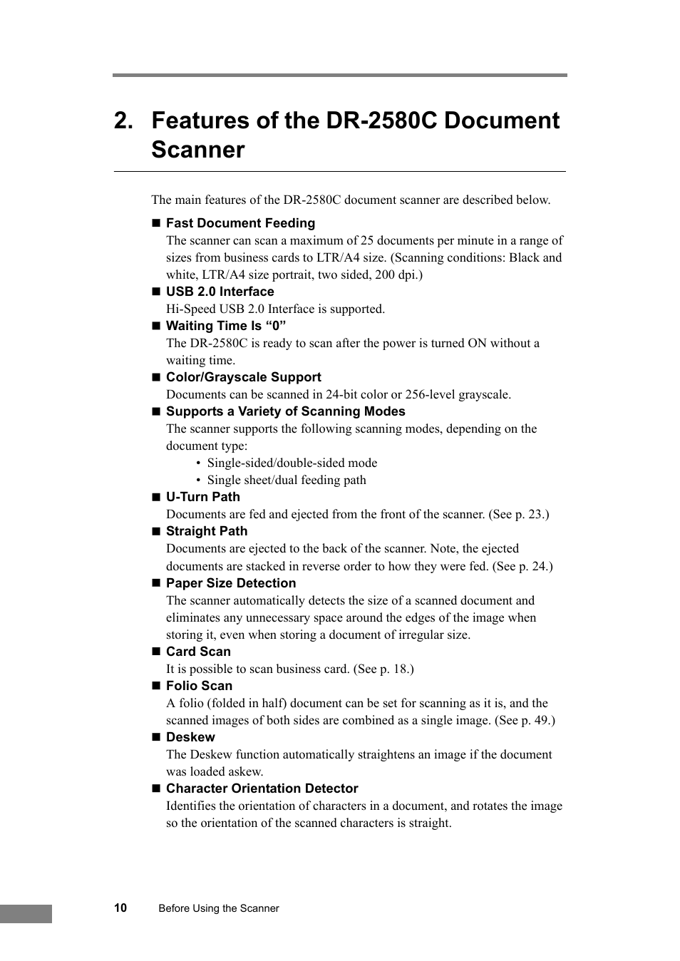 Features of the dr-2580c document scanner, Features of the dr-2580c, Document scanner | Canon DR-2580C User Manual | Page 14 / 116