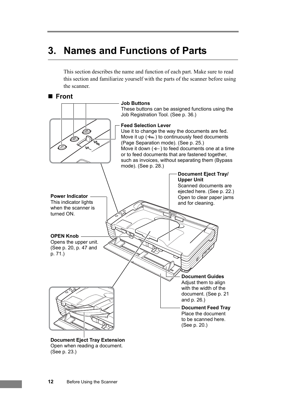 Names and functions of parts, Front | Canon DR-2580C User Manual | Page 16 / 116