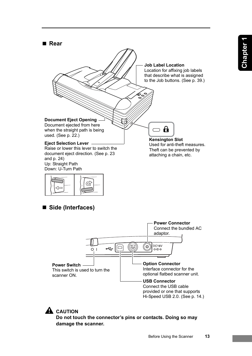 Chapter 1, Rear  side (interfaces) | Canon DR-2580C User Manual | Page 17 / 116