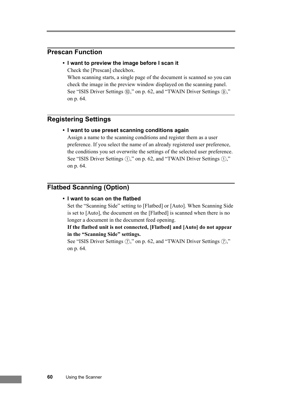 Prescan function, Registering settings, Flatbed scanning (option) | Canon DR-2580C User Manual | Page 64 / 116