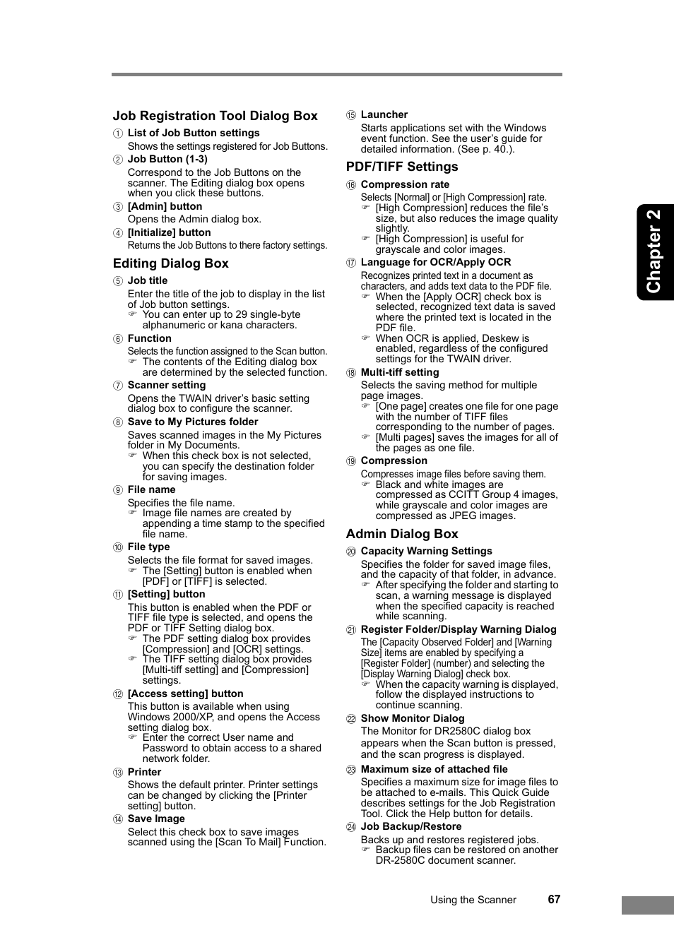 Chapter 2, Job registration tool dialog box, Editing dialog box | Pdf/tiff settings, Admin dialog box | Canon DR-2580C User Manual | Page 71 / 116