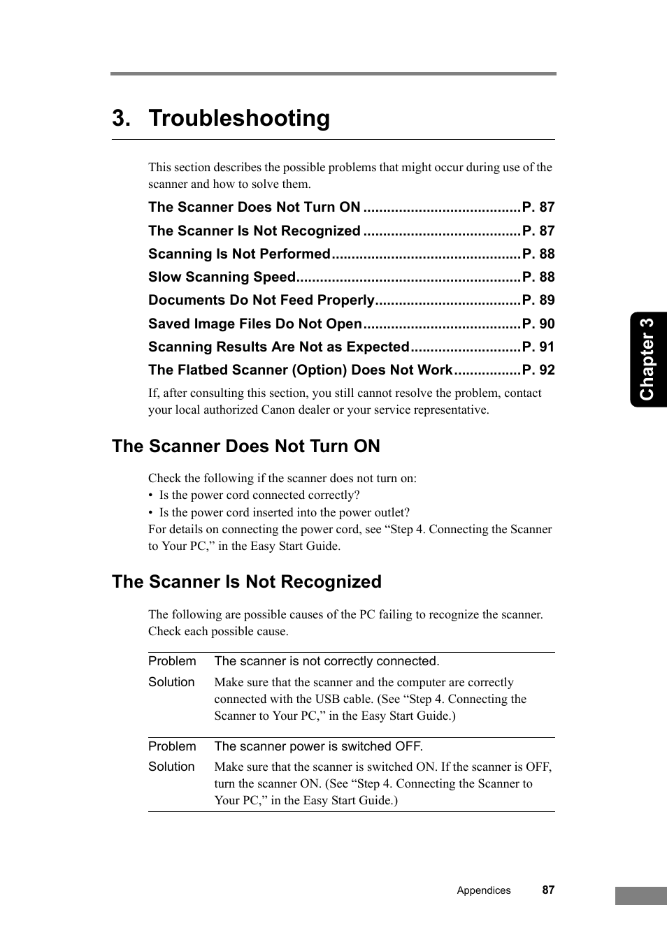 Troubleshooting, Chapter 3, The scanner does not turn on | The scanner is not recognized | Canon DR-2580C User Manual | Page 91 / 116