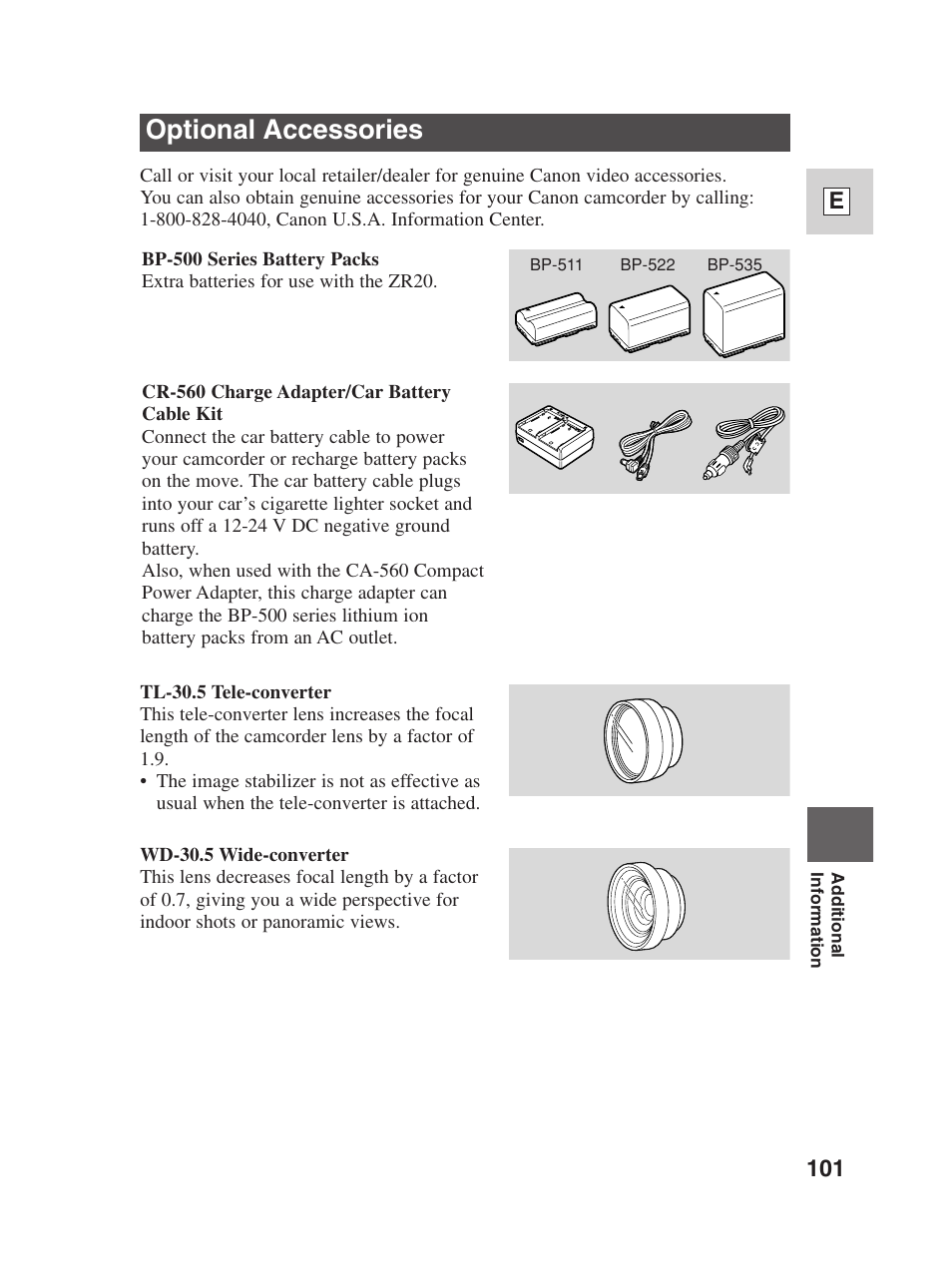 Optional accessories, 101 e | Canon Digital Video Camcorder ZR20 User Manual | Page 101 / 114