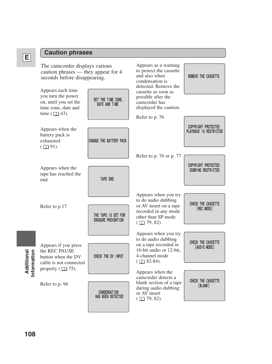 108 e, Caution phrases | Canon Digital Video Camcorder ZR20 User Manual | Page 108 / 114