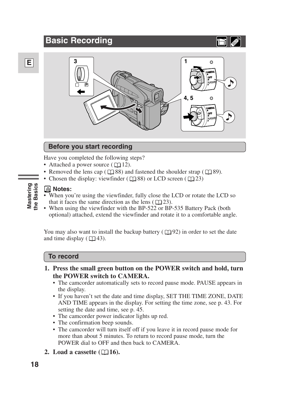 Basic recording, 18 e | Canon Digital Video Camcorder ZR20 User Manual | Page 18 / 114