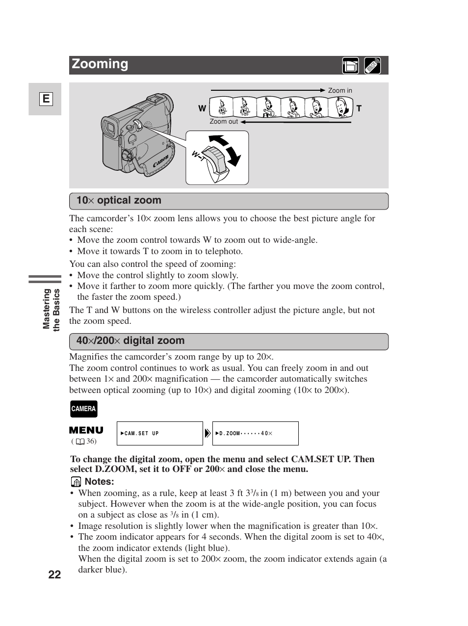 Zooming, 22 e, 10 × optical zoom | Canon Digital Video Camcorder ZR20 User Manual | Page 22 / 114