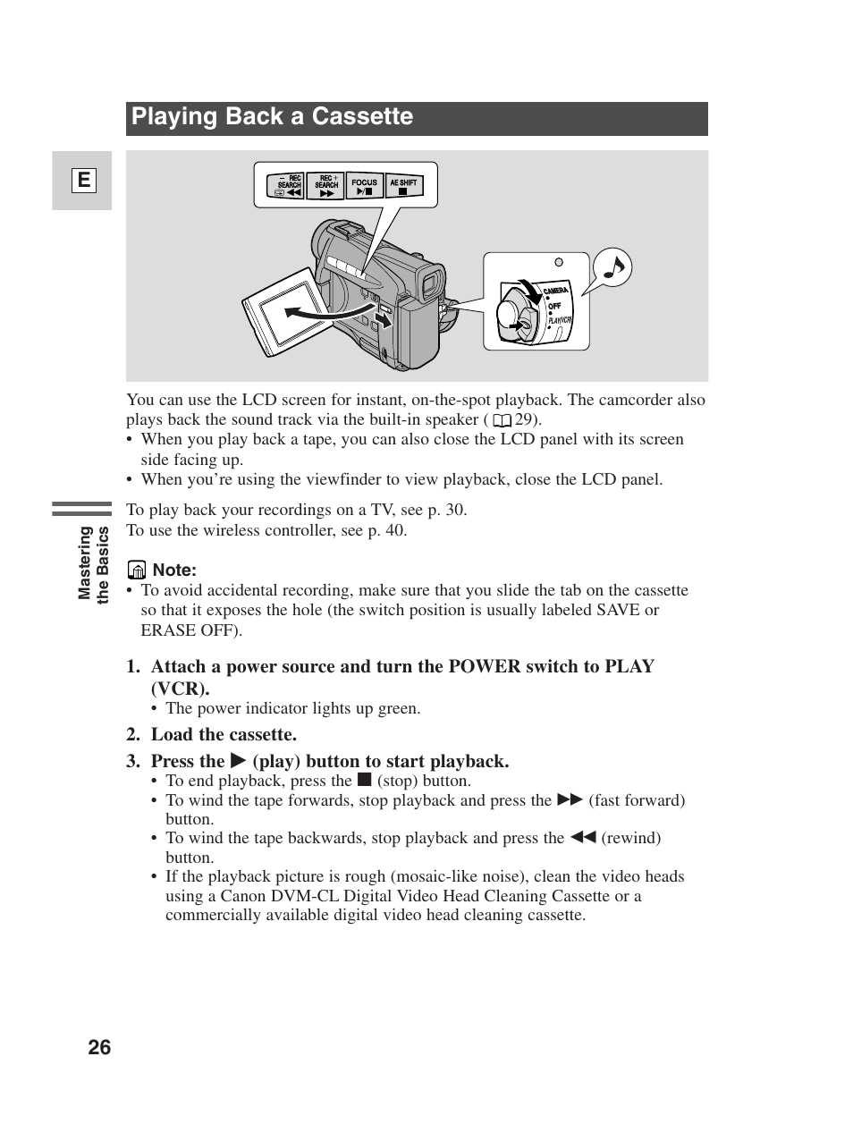 Playing back a cassette, 26 e | Canon Digital Video Camcorder ZR20 User Manual | Page 26 / 114