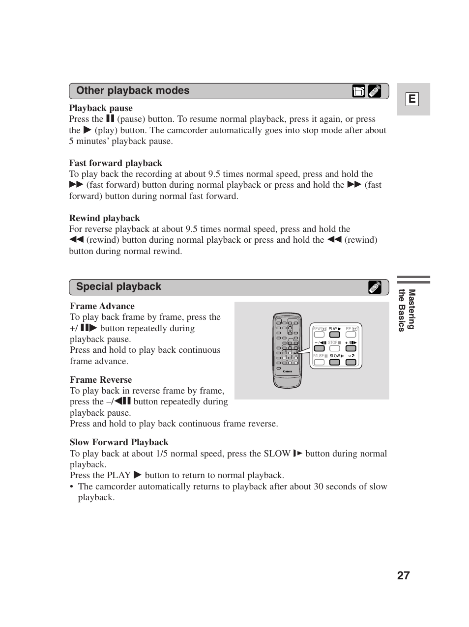 27 e, Special playback, Other playback modes | Canon Digital Video Camcorder ZR20 User Manual | Page 27 / 114