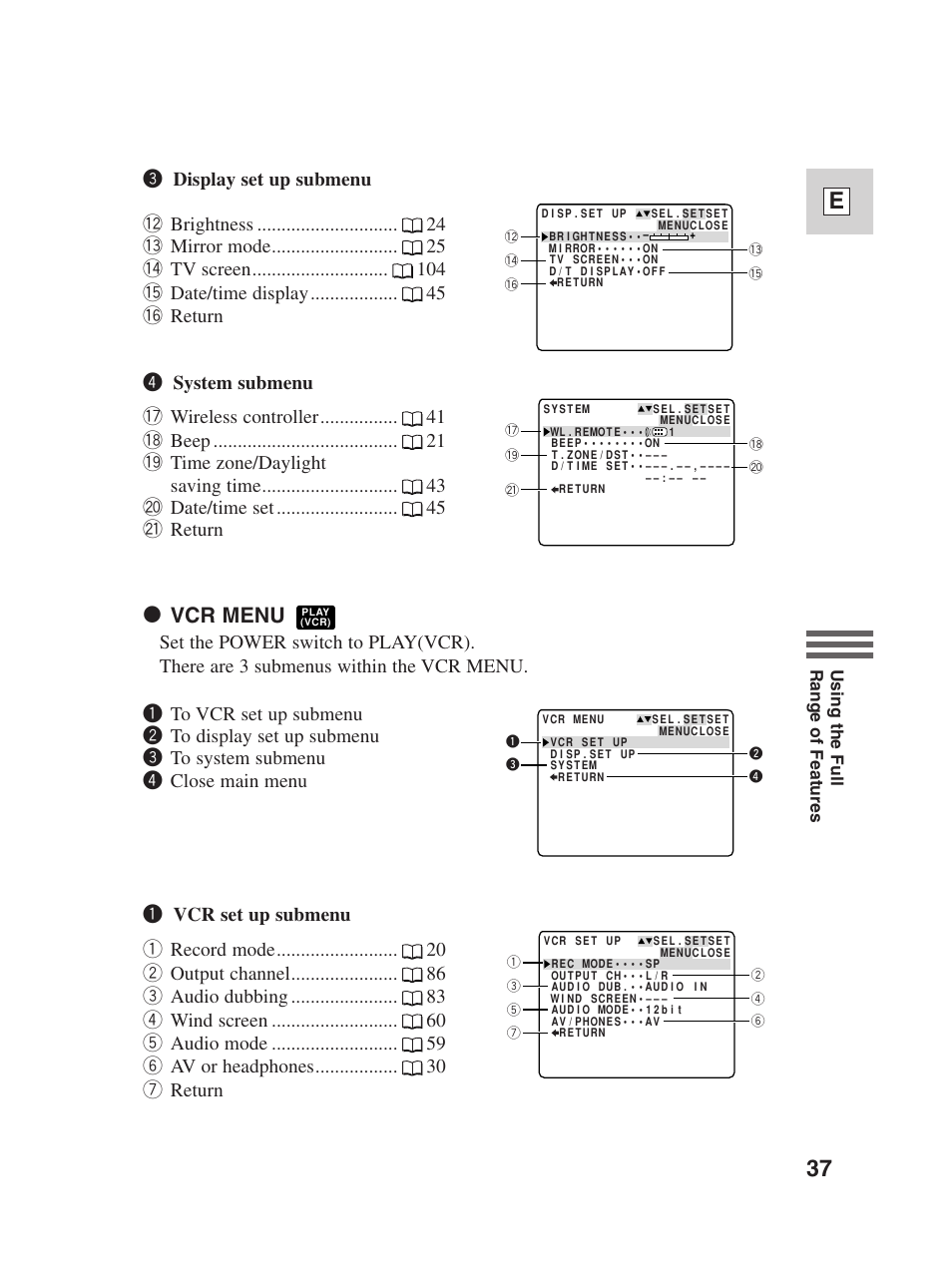 37 e, 2 vcr menu | Canon Digital Video Camcorder ZR20 User Manual | Page 37 / 114