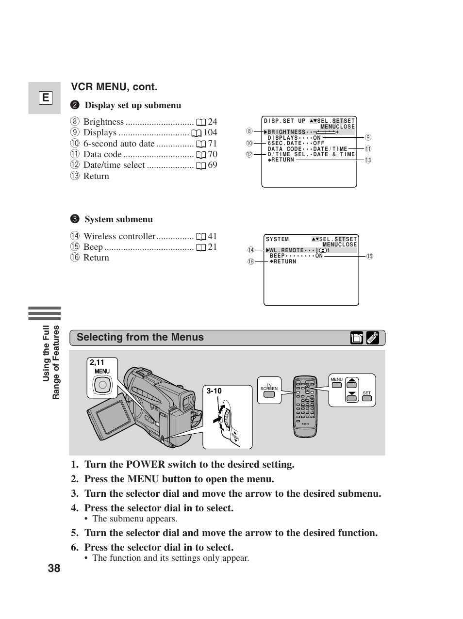 38 e, Vcr menu, cont | Canon Digital Video Camcorder ZR20 User Manual | Page 38 / 114