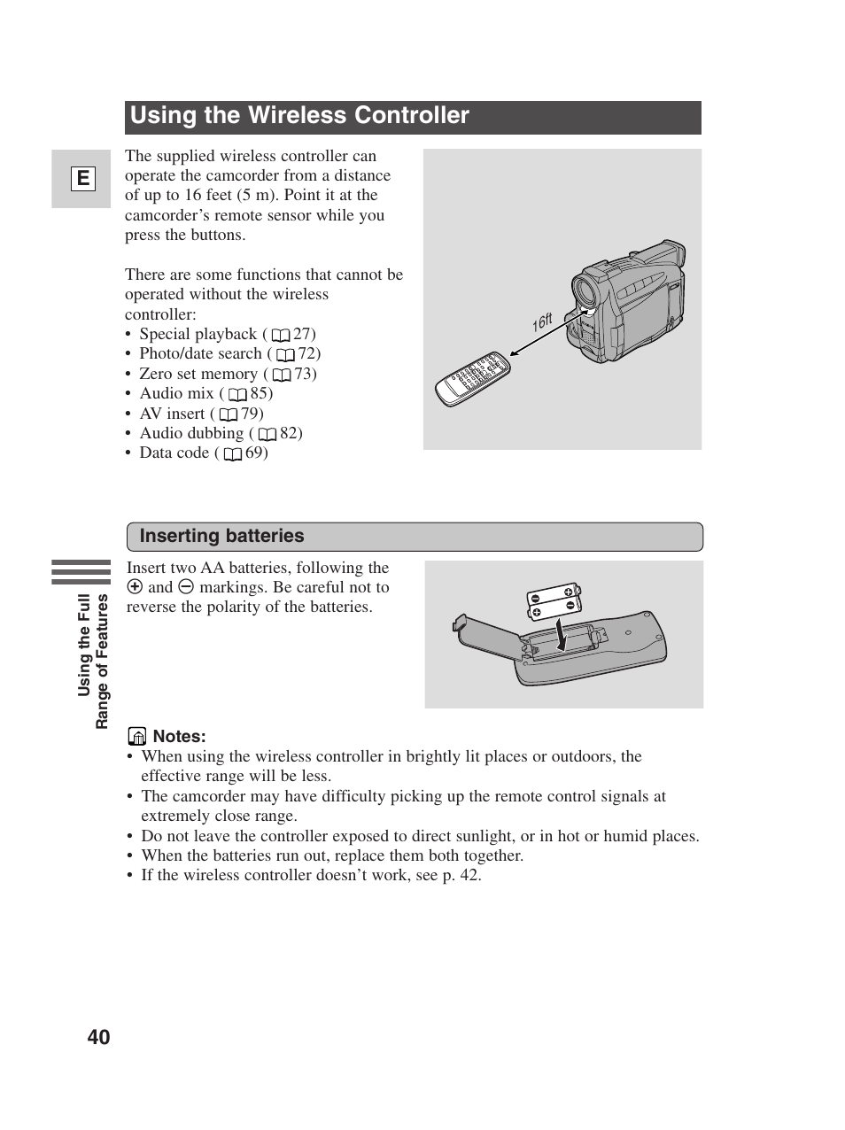 Using the wireless controller, 40 e | Canon Digital Video Camcorder ZR20 User Manual | Page 40 / 114
