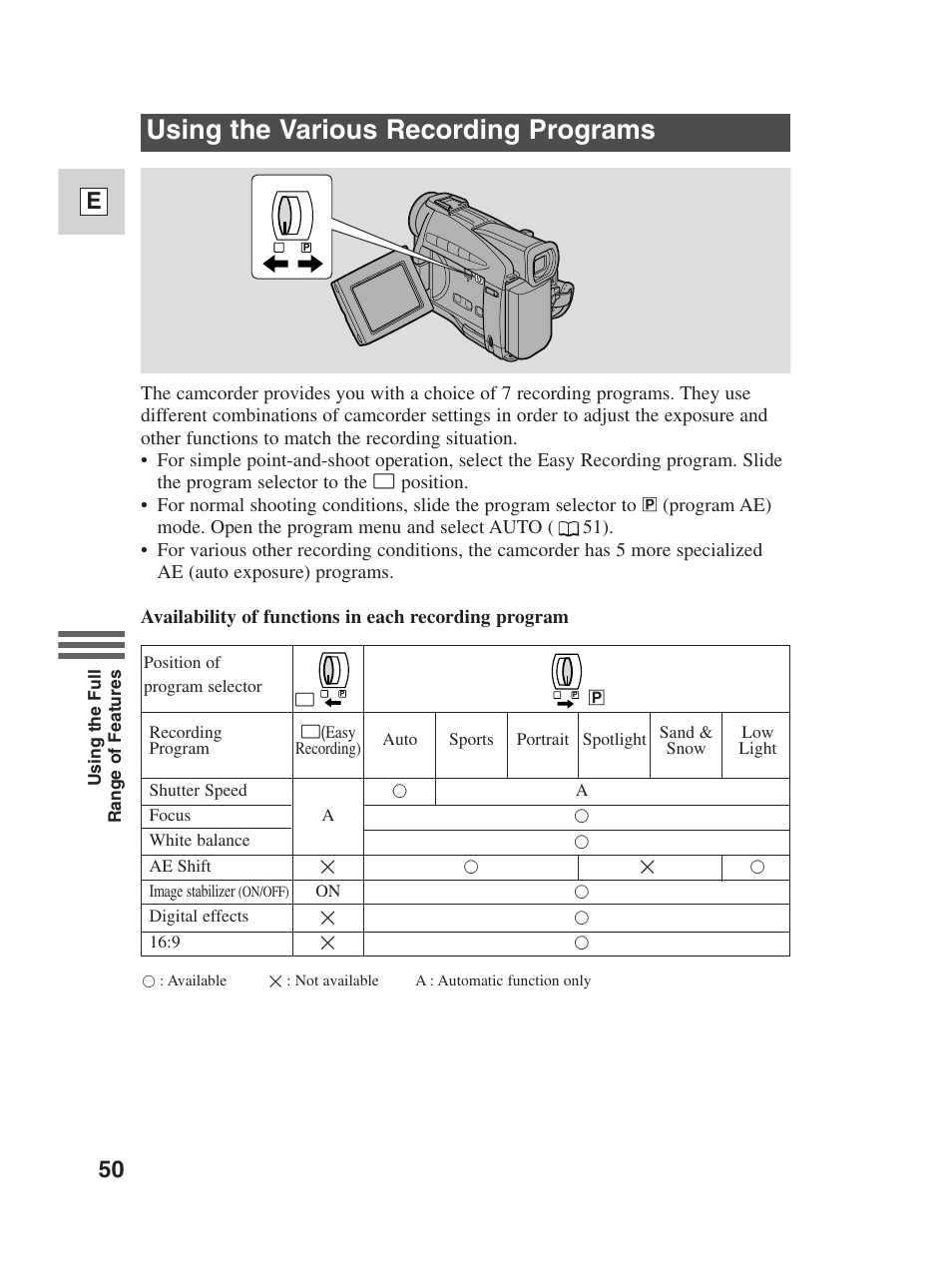 Using the various recording programs, 50 e | Canon Digital Video Camcorder ZR20 User Manual | Page 50 / 114