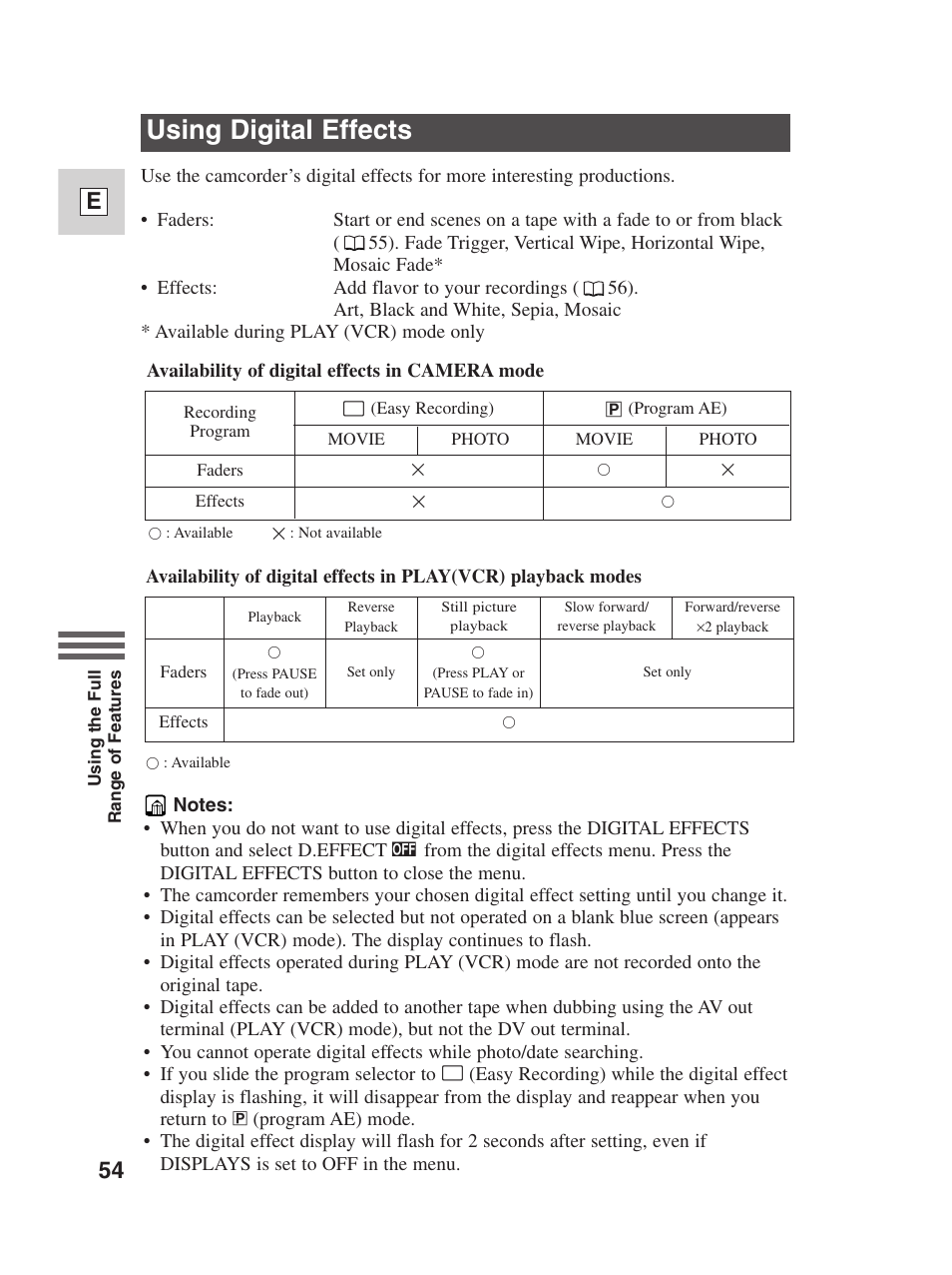 Using digital effects, 54 e | Canon Digital Video Camcorder ZR20 User Manual | Page 54 / 114