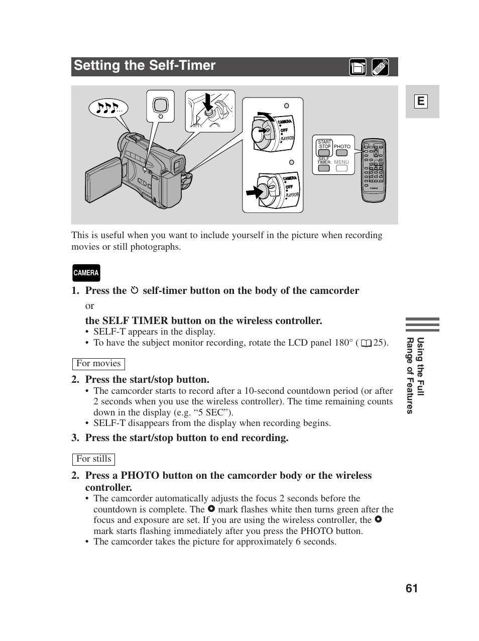 Setting the self-timer, 61 e, Press the start/stop button | Canon Digital Video Camcorder ZR20 User Manual | Page 61 / 114