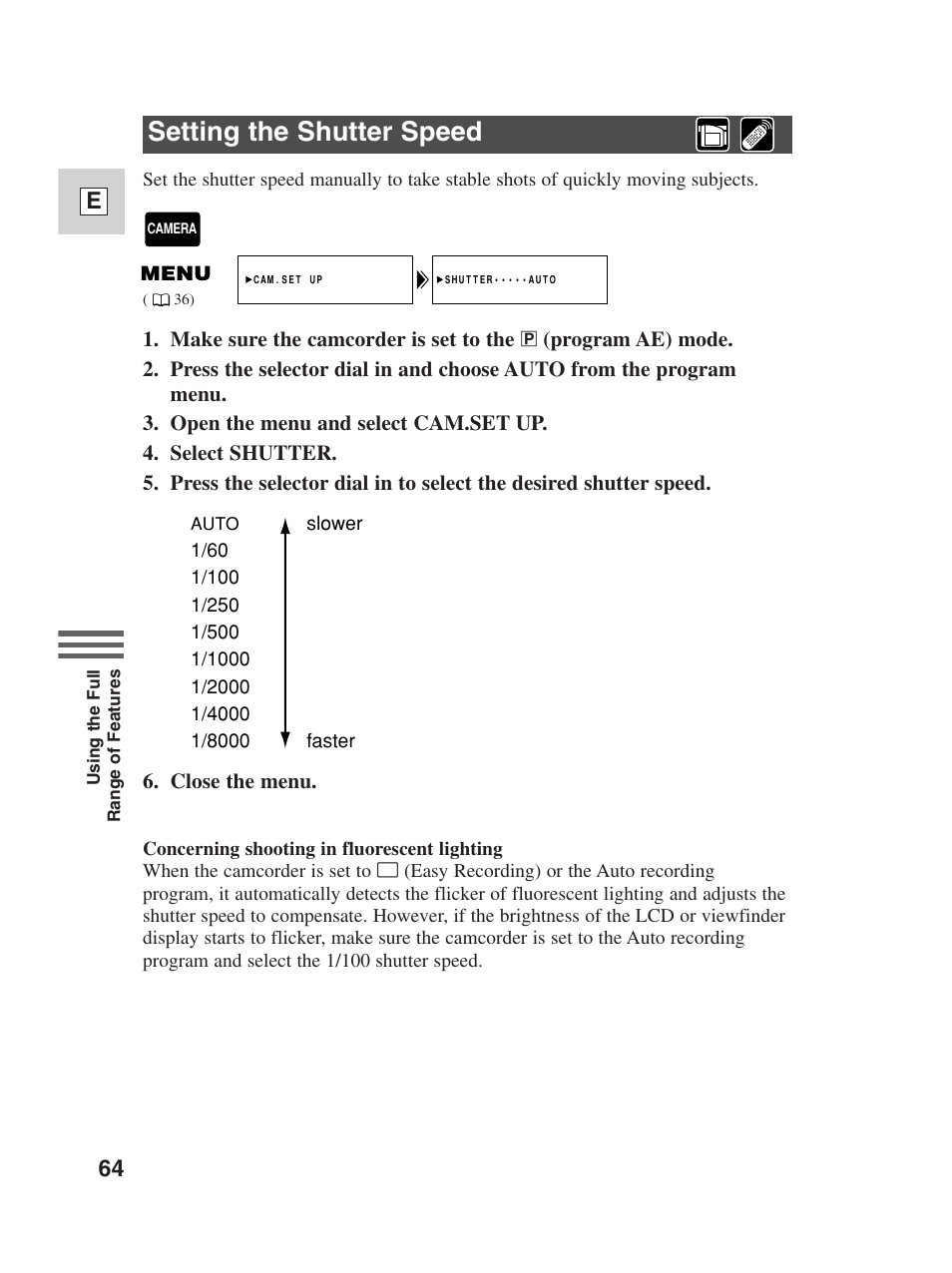 Setting the shutter speed, 64 e | Canon Digital Video Camcorder ZR20 User Manual | Page 64 / 114