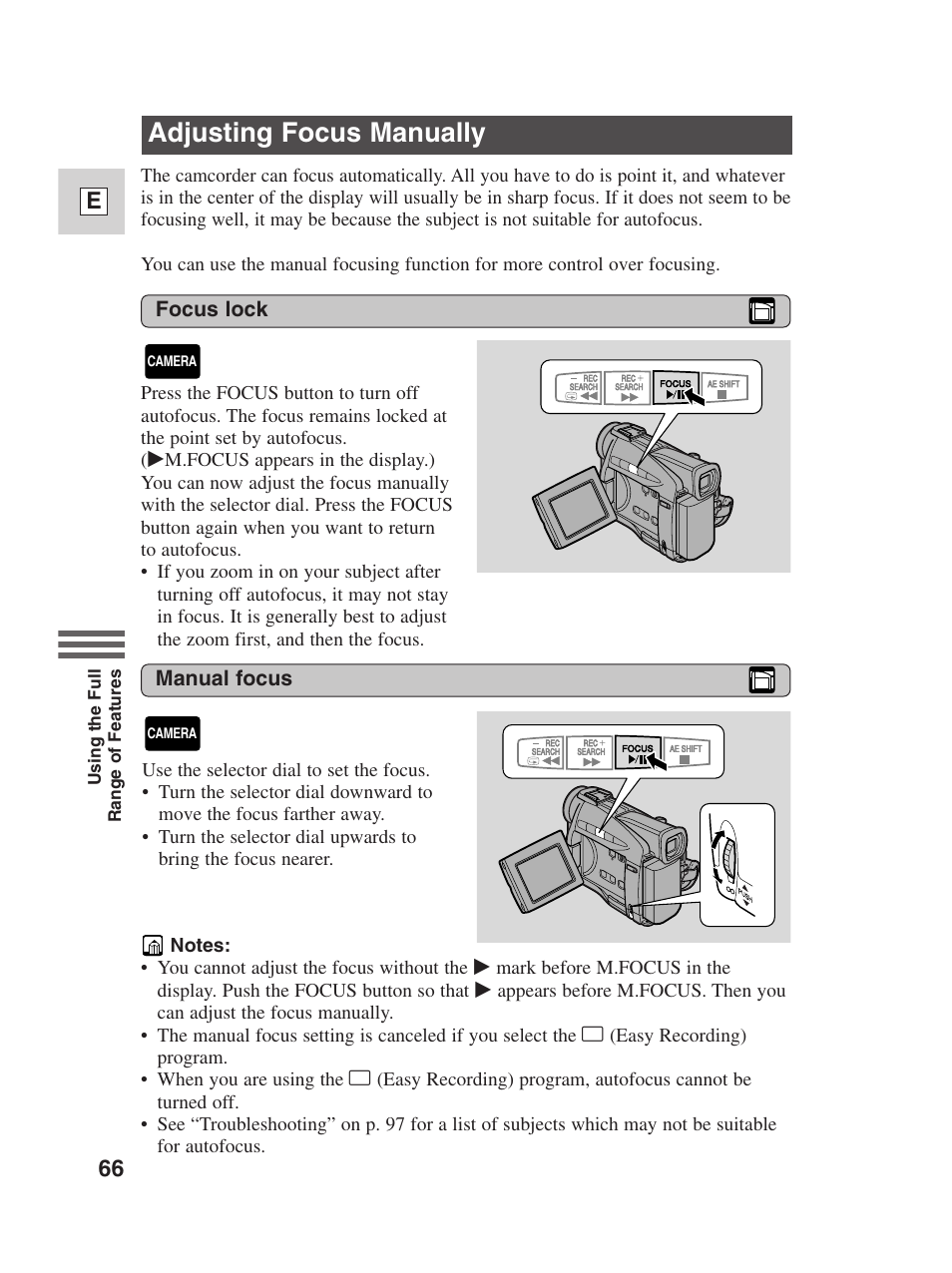 Adjusting focus manually, 66 e, Manual focus | Focus lock | Canon Digital Video Camcorder ZR20 User Manual | Page 66 / 114