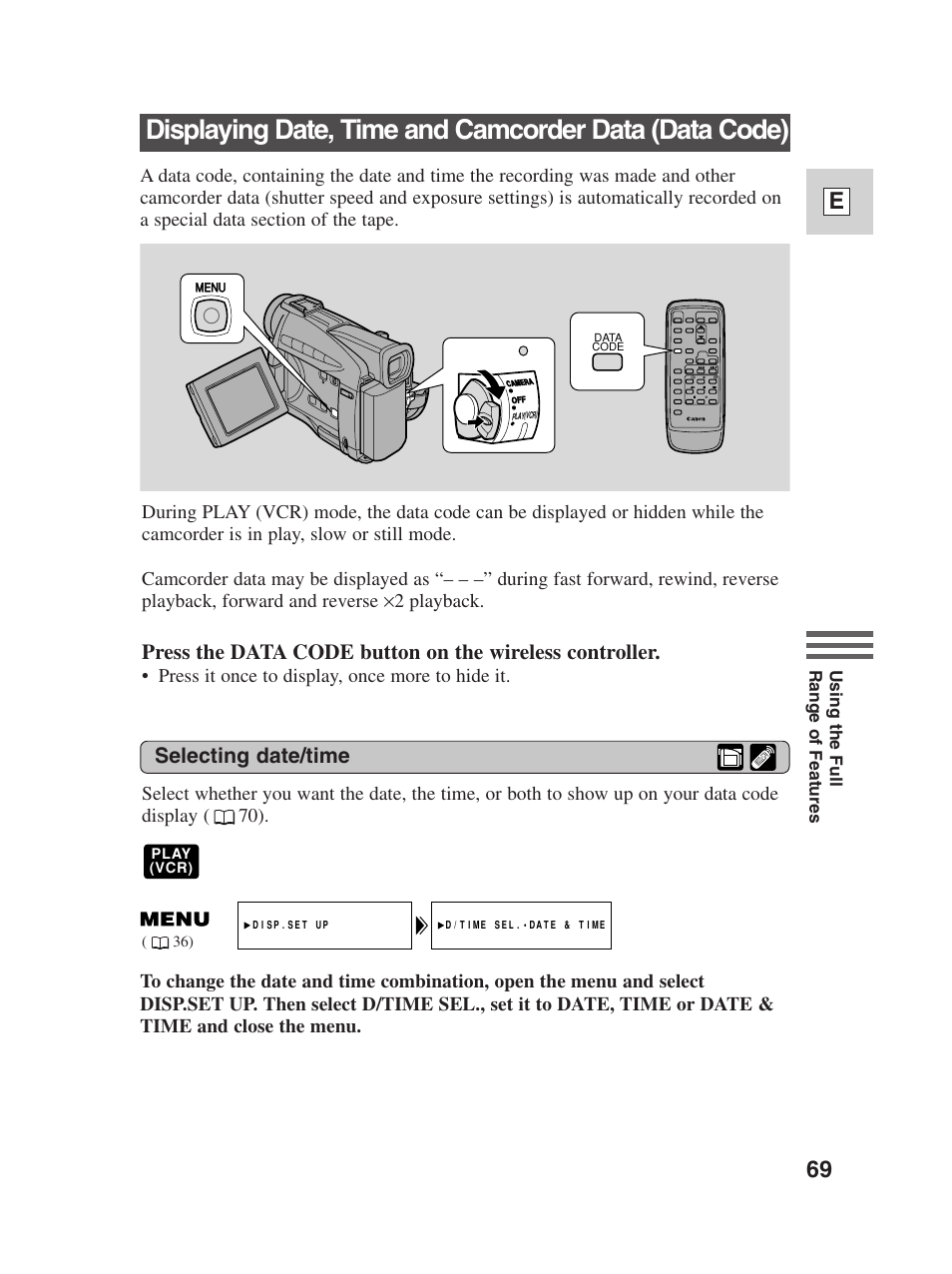 69 e, Selecting date/time | Canon Digital Video Camcorder ZR20 User Manual | Page 69 / 114