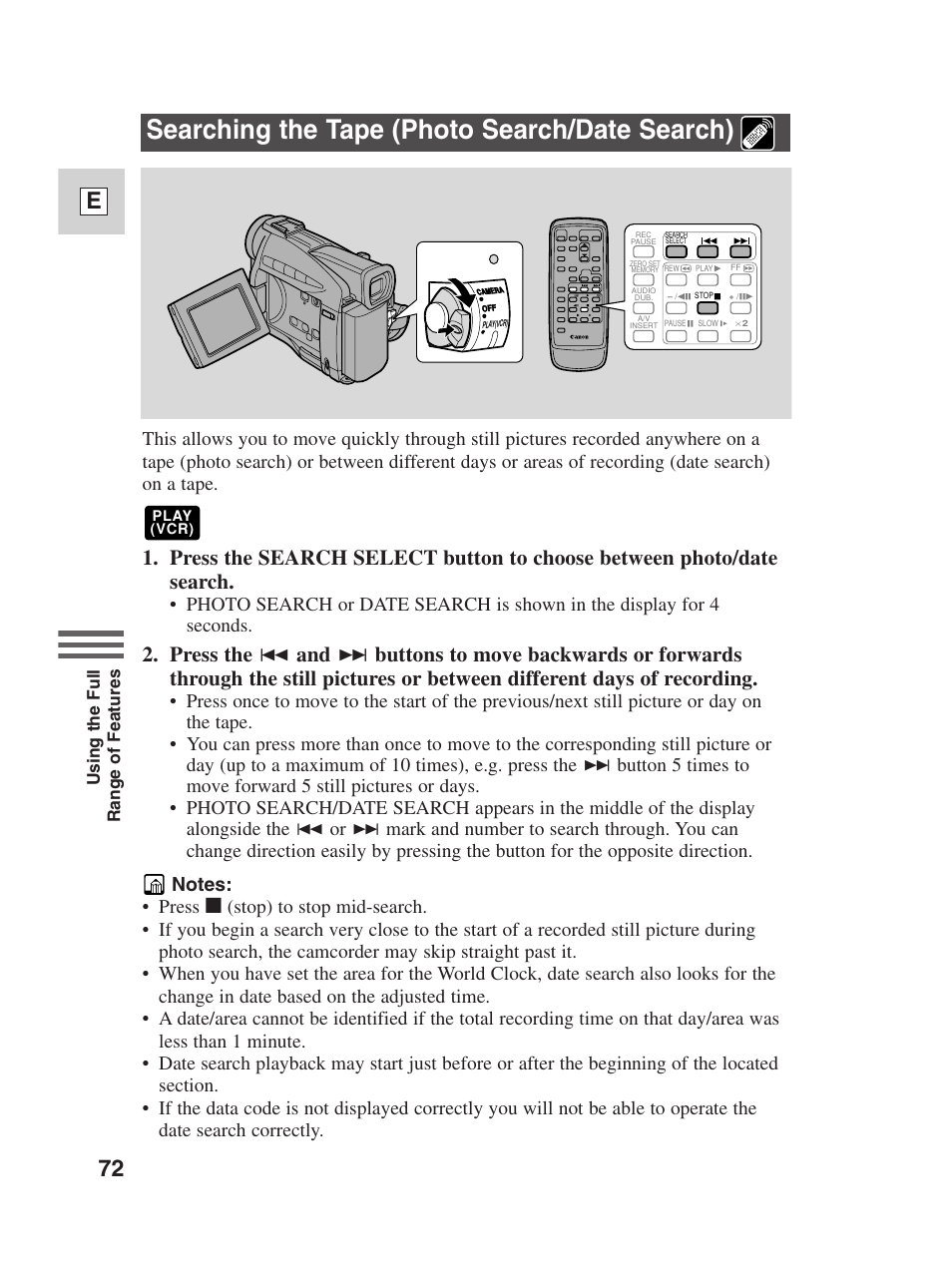 Searching the tape (photo search/date search), 72 e | Canon Digital Video Camcorder ZR20 User Manual | Page 72 / 114