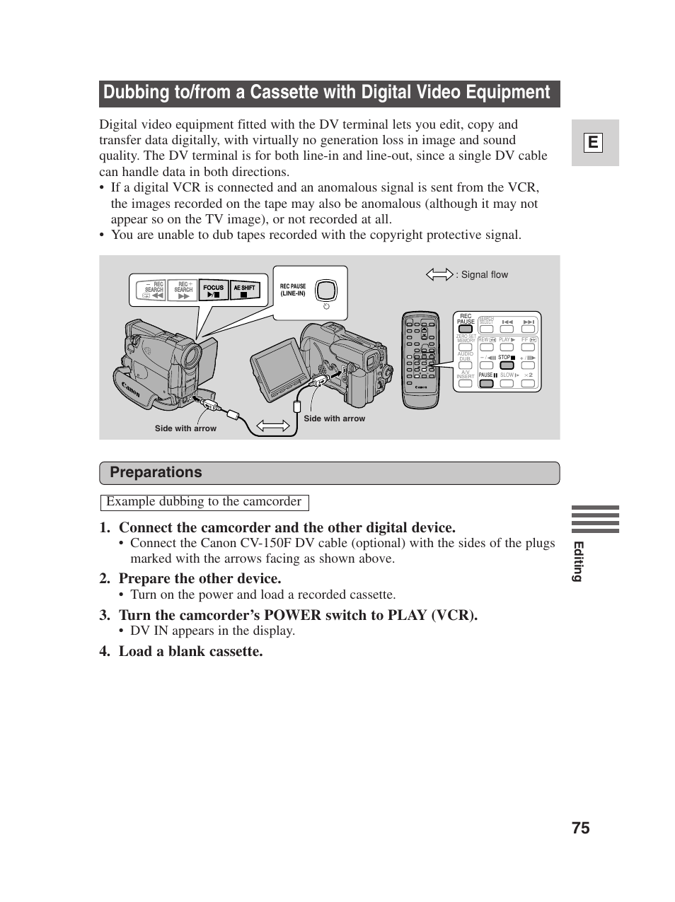 75 e, Connect the camcorder and the other digital device, Prepare the other device | Turn the camcorder’s power switch to play (vcr), Load a blank cassette, Preparations, Turn on the power and load a recorded cassette, Dv in appears in the display, Example dubbing to the camcorder, Editing | Canon Digital Video Camcorder ZR20 User Manual | Page 75 / 114