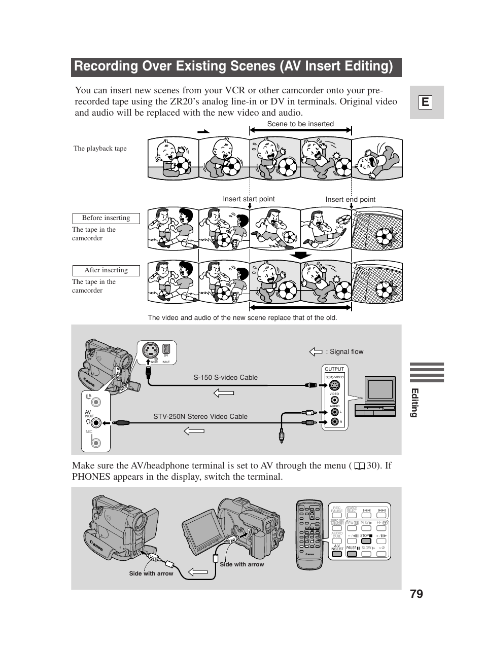 Recording over existing scenes (av insert editing), 79 e, Editing | Canon Digital Video Camcorder ZR20 User Manual | Page 79 / 114