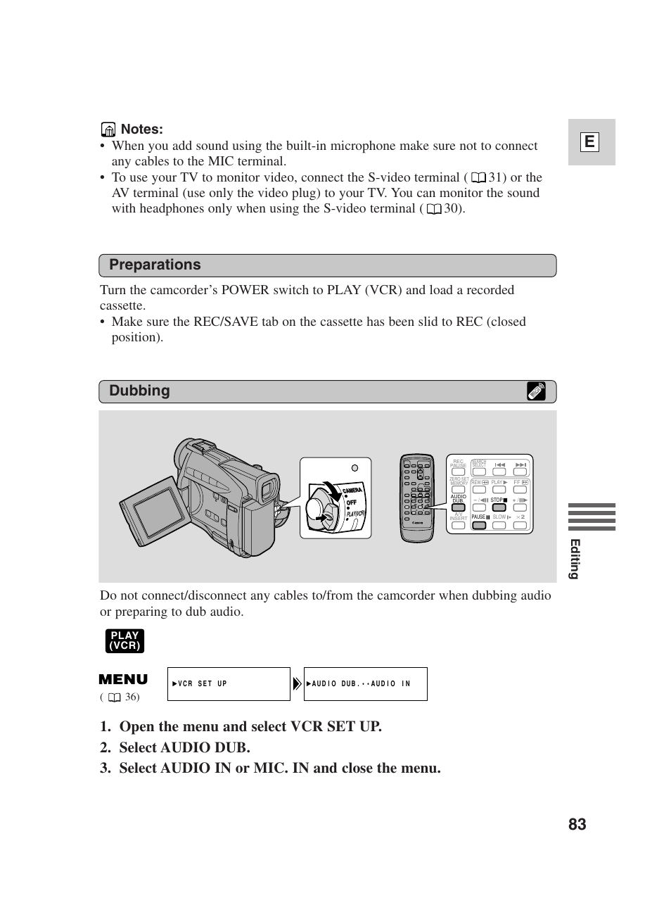 83 e, Preparations dubbing, Editing | Canon Digital Video Camcorder ZR20 User Manual | Page 83 / 114