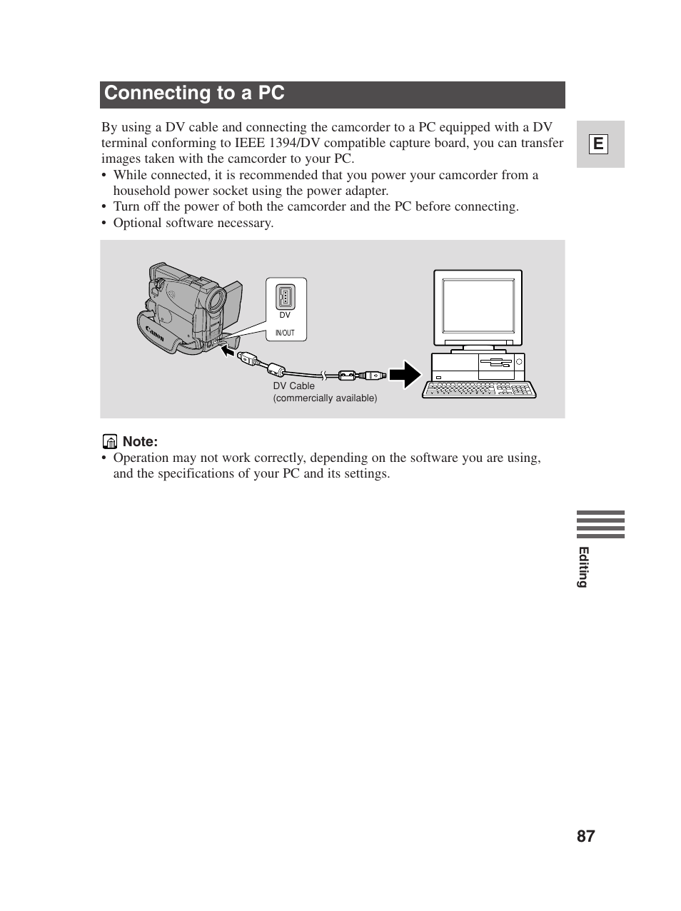Connecting to a pc, 87 e | Canon Digital Video Camcorder ZR20 User Manual | Page 87 / 114