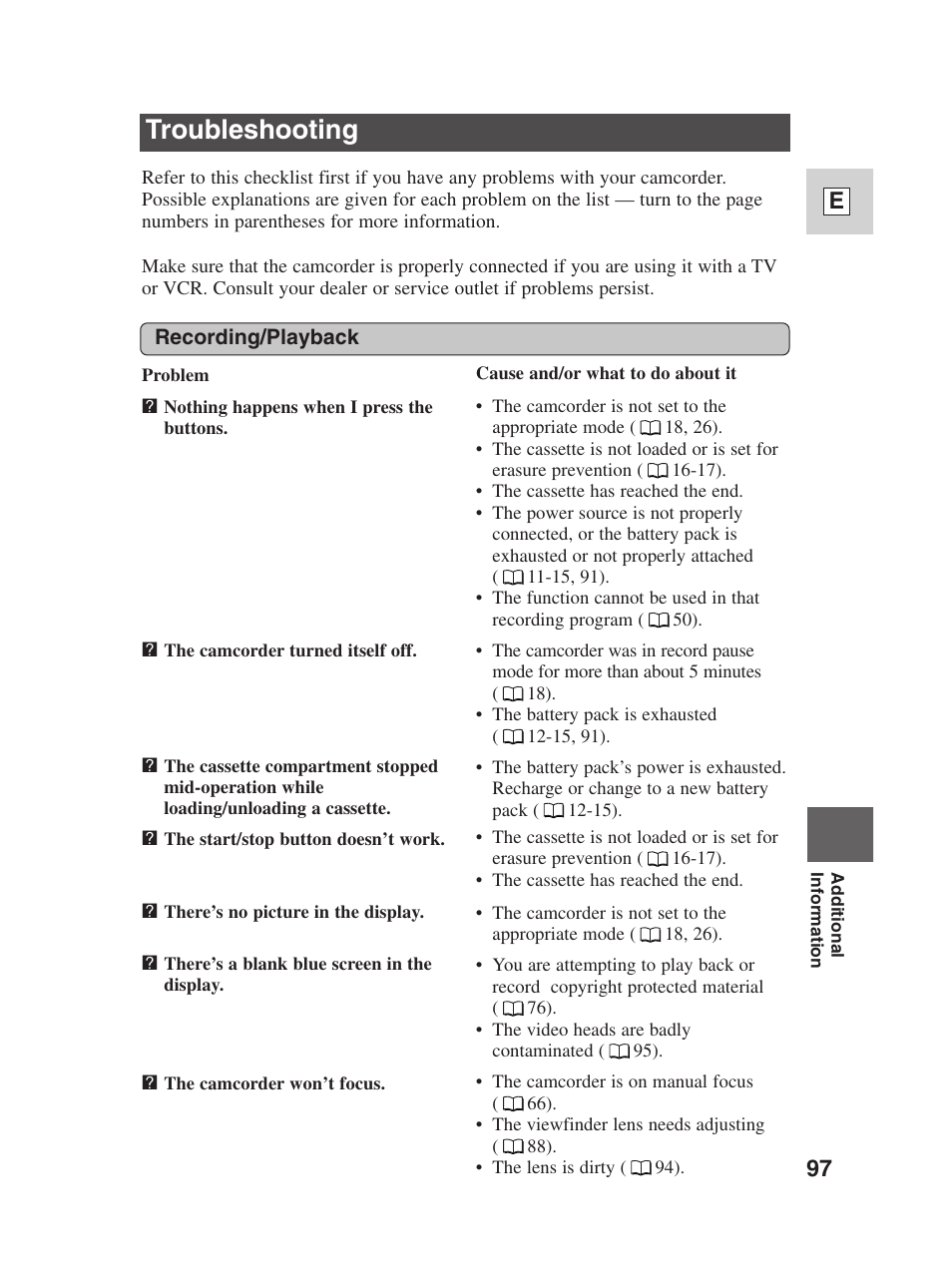 Troubleshooting, 97 e | Canon Digital Video Camcorder ZR20 User Manual | Page 97 / 114