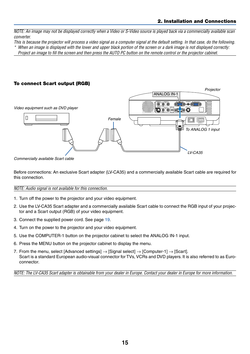 To connect scart output (rgb), For more details, Installation and connections | Canon LV-7245 User Manual | Page 23 / 71