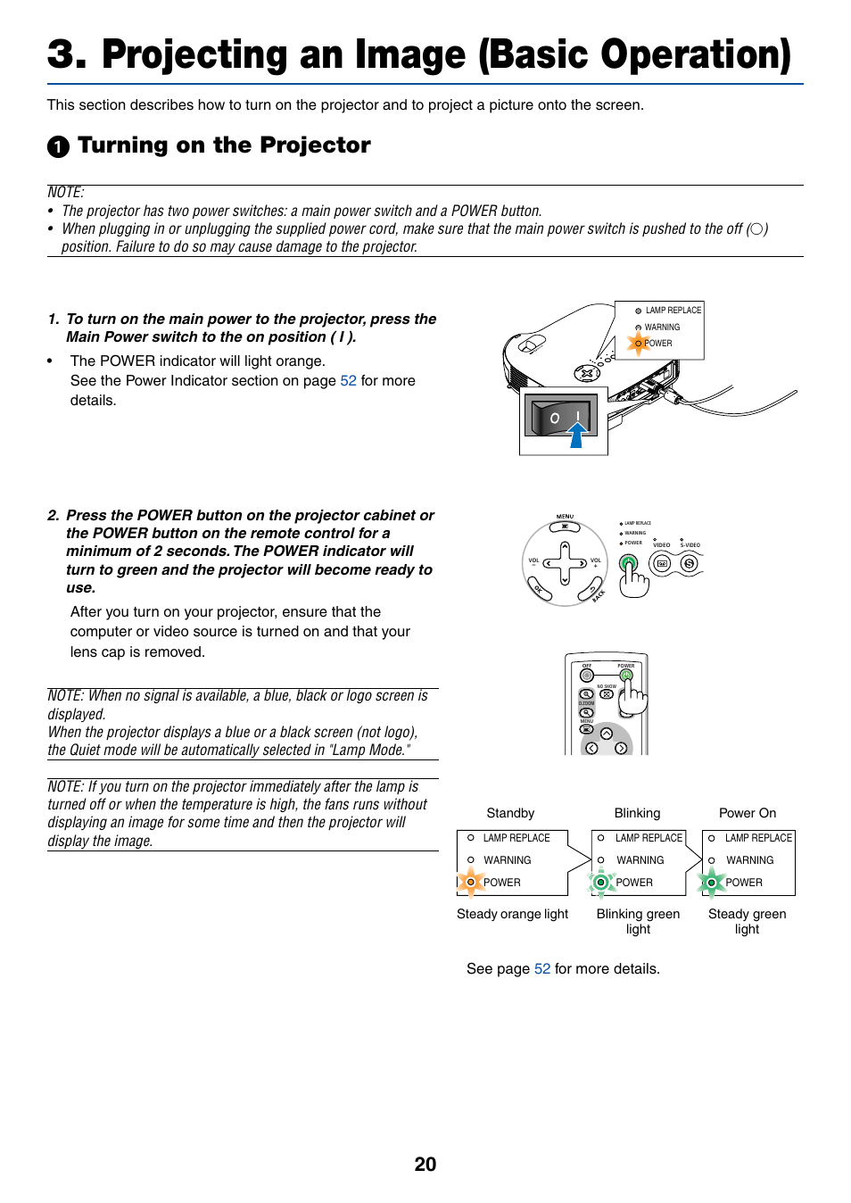 Projecting an image (basic operation), 1) turning on the projector, ᕡ turning on the projector | Canon LV-7245 User Manual | Page 28 / 71
