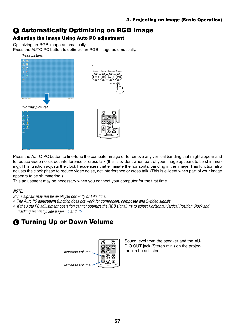 5) automatically optimizing on rgb image, 6) turning up or down volume, ᕥ automatically optimizing on rgb image | ᕦ turning up or down volume, Projecting an image (basic operation), Adjusting the image using auto pc adjustment, Poor picture] [normal picture, Increase volume decrease volume | Canon LV-7245 User Manual | Page 35 / 71
