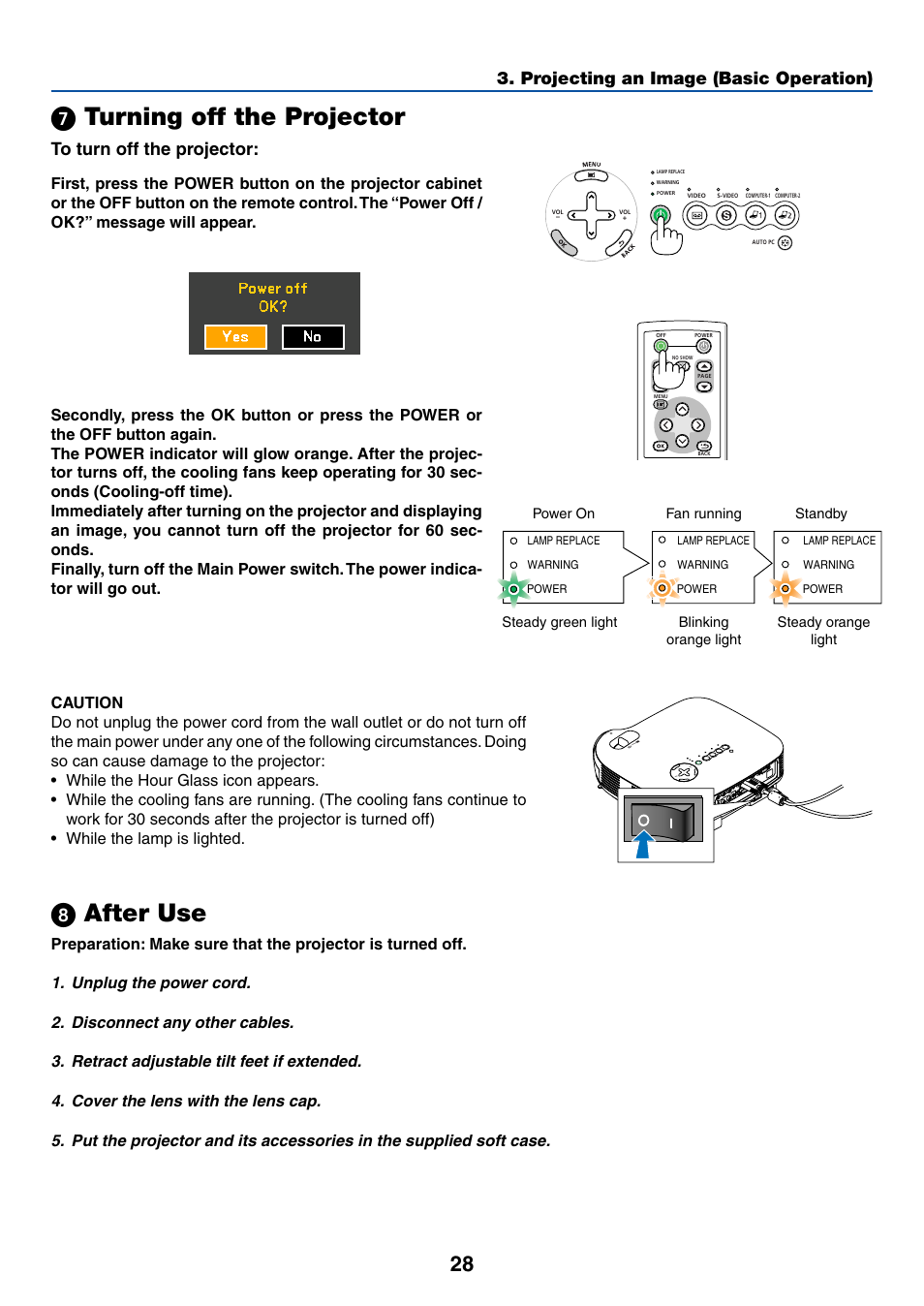 7) turning off the projector, 8) after use, ᕧ turning off the projector ᕨ after use | ᕧ turning off the projector, ᕨ after use | Canon LV-7245 User Manual | Page 36 / 71
