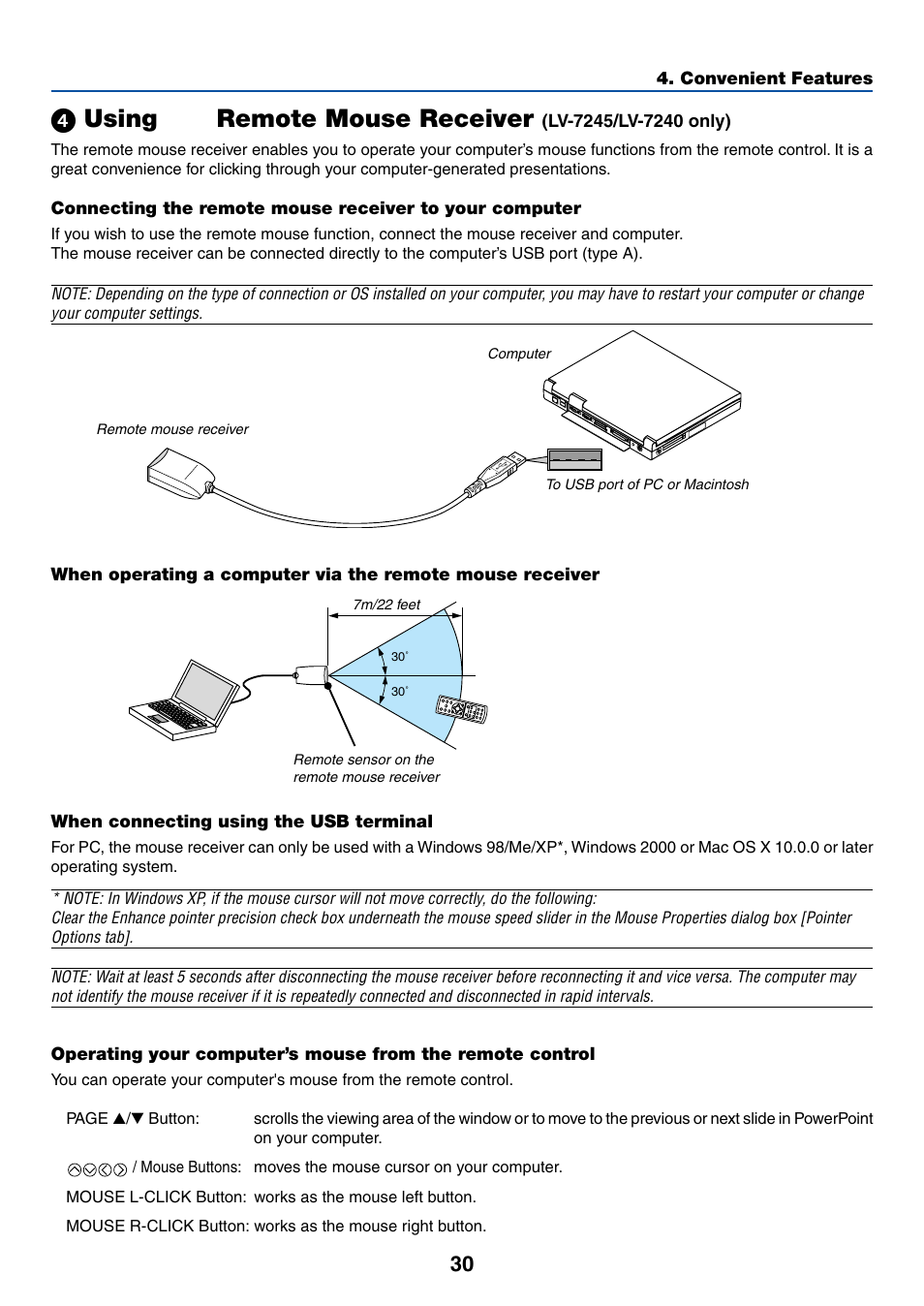 When connecting using the usb terminal, ᕤ using the remote mouse receiver | Canon LV-7245 User Manual | Page 38 / 71