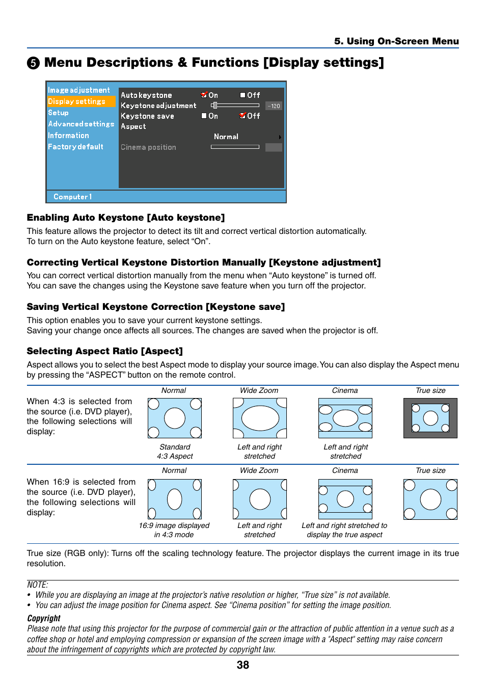 5) menu descriptions & functions [display settings, Enabling auto keystone [auto keystone, Saving vertical keystone correction [keystone save | Selecting aspect ratio [aspect, ᕥ menu descriptions & functions [display settings, Menu descriptions & functions [display settings | Canon LV-7245 User Manual | Page 46 / 71